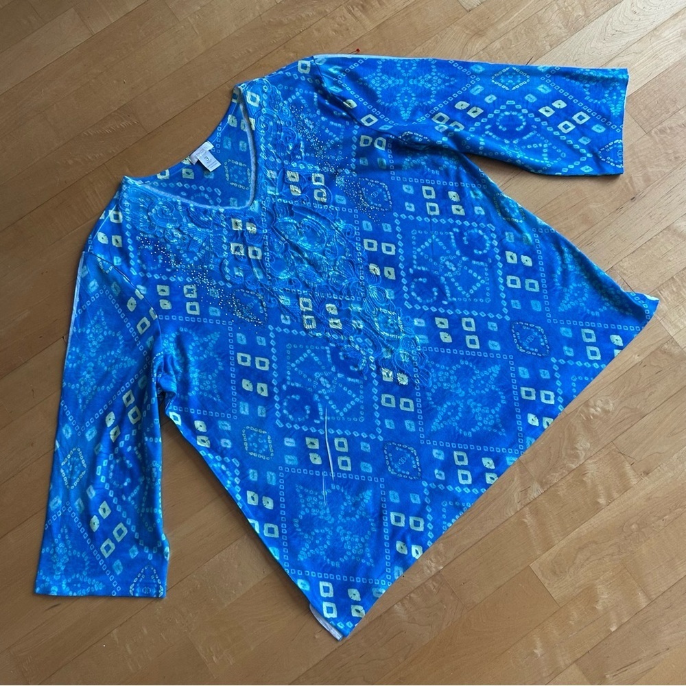Chico's Abstract Embellished Tunic Top, Blue, Green, Size 3 (XL/16)